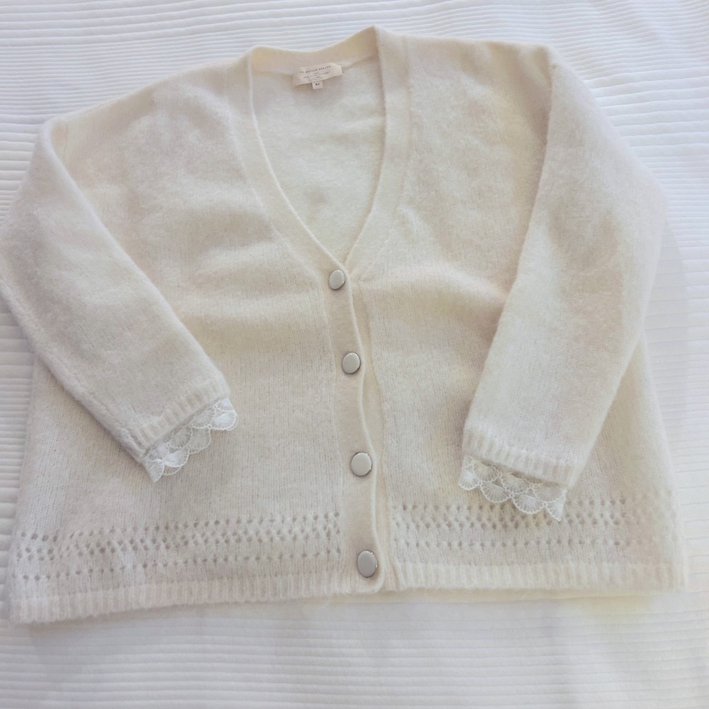 Sezane cream cardigan with lace trim